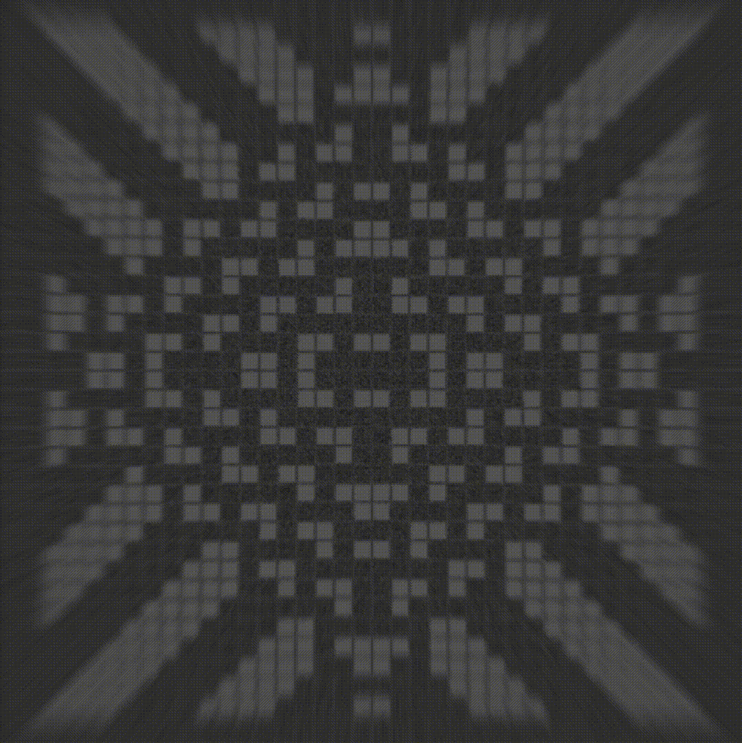 Applying Conway's Game of Life rules: a cell survives with two or three live neighboring cells; it is born with exactly three; it dies in any other case.

 The pattern begins to fragment. Quick outward propagation is observed. Arms, peripheral figures, and filaments emerge. Significant empty regions are generated. Stable and oscillating groups begin to appear. Most patterns collapse. The surviving configurations are reduced to still lifes: two blocks, a beehive, and a boat in the lower right corner. The vertical line, after a flow of expansion and contraction, becomes a blinker.